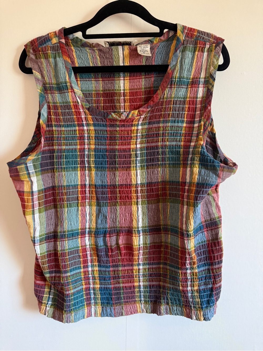 Lemon Grass Plaid Cottagecore Crinkle Tank Top XL Boho Vintage